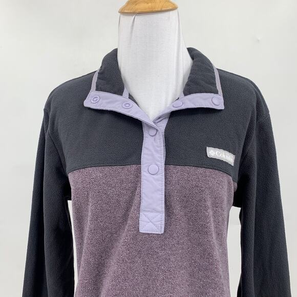 Columbia Sweatshirt Womens L Large Gray Purple Fleece Snap Buttons Pullover - Picture 3 of 13
